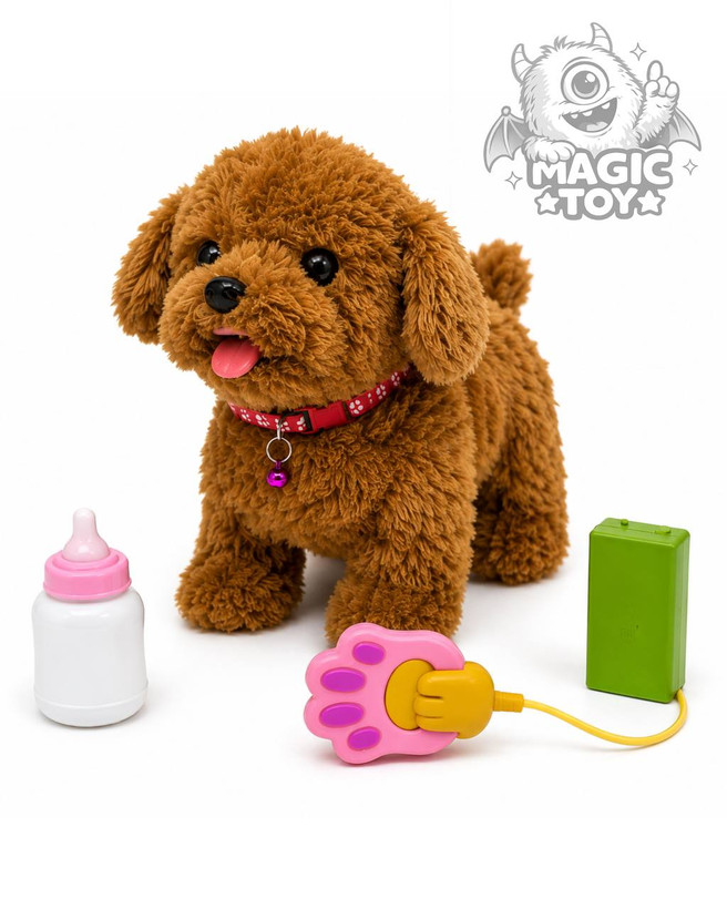 سگ رباتیک پولیشی هوشمند حسگردار و قلادهدار مدل CUTE DOG HOUSE کد 155_933 (پودل قهوهای متحرک با شیشهشیر، سنسور نوازش سر، ضبط صدا و راه رفتن با قلاده پنجهای)