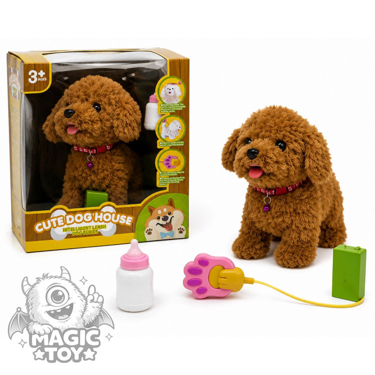 سگ رباتیک پولیشی هوشمند حسگردار و قلادهدار مدل CUTE DOG HOUSE کد 155_933 (پودل قهوهای متحرک با شیشهشیر، سنسور نوازش سر، ضبط صدا و راه رفتن با قلاده پنجهای)