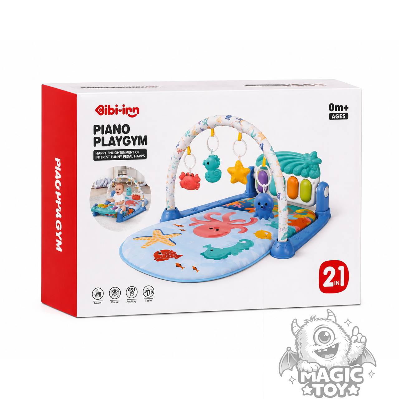 تشک بازی پیانودار و موزیکال نوزاد برند GIBI-INN مدل PIANO PLAYGYM کد 15_1122 (پلیجیم نوزادی با آویزهای جغجغهای دریایی و کلیدهای پدالی چراغدار)