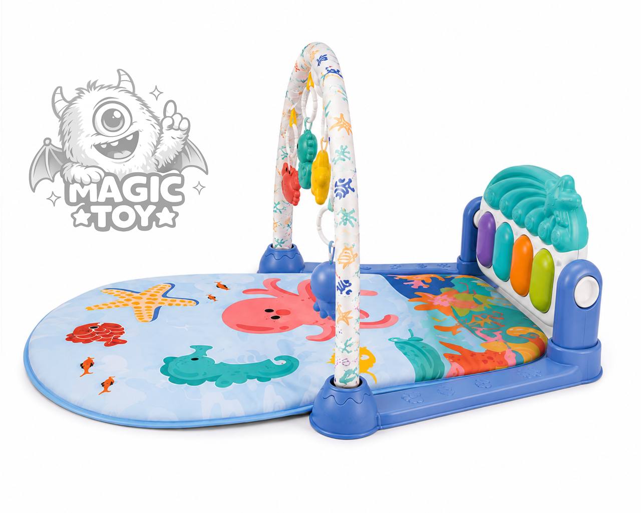 تشک بازی پیانودار و موزیکال نوزاد برند GIBI-INN مدل PIANO PLAYGYM کد 15_1122 (پلیجیم نوزادی با آویزهای جغجغهای دریایی و کلیدهای پدالی چراغدار)