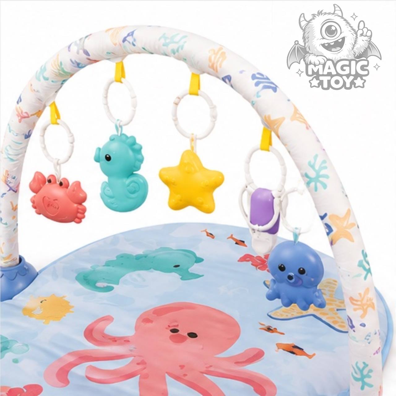 تشک بازی پیانودار و موزیکال نوزاد برند GIBI-INN مدل PIANO PLAYGYM کد 15_1122 (پلیجیم نوزادی با آویزهای جغجغهای دریایی و کلیدهای پدالی چراغدار)