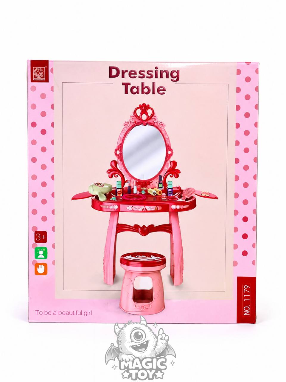 ست میز آرایشی اسباب‌بازی پایه‌دار بزرگ با صندلی و سشوار مدل Dressing Table کد 2_1179 (آینه چراغ‌دار و موزیکال پرنسسی به همراه ۲۵ قلم اکسسوری آرایشی)