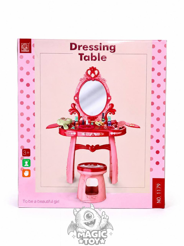 ست میز آرایشی اسباببازی پایهدار بزرگ با صندلی و سشوار مدل Dressing Table کد 2_1179 (آینه چراغدار و موزیکال پرنسسی به همراه ۲۵ قلم اکسسوری آرایشی)