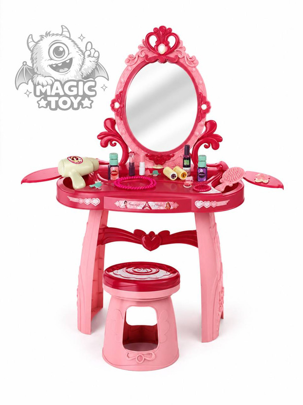 ست میز آرایشی اسباببازی پایهدار بزرگ با صندلی و سشوار مدل Dressing Table کد 2_1179 (آینه چراغدار و موزیکال پرنسسی به همراه ۲۵ قلم اکسسوری آرایشی)