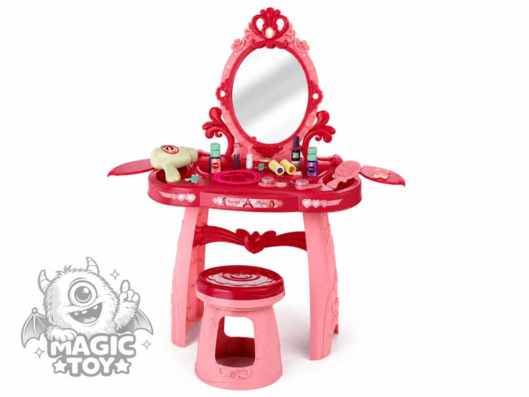 ست میز آرایشی اسباببازی پایهدار بزرگ با صندلی و سشوار مدل Dressing Table کد 2_1179 (آینه چراغدار و موزیکال پرنسسی به همراه ۲۵ قلم اکسسوری آرایشی)
