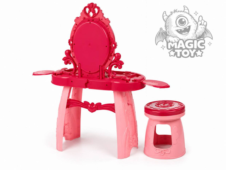 ست میز آرایشی اسباببازی پایهدار بزرگ با صندلی و سشوار مدل Dressing Table کد 2_1179 (آینه چراغدار و موزیکال پرنسسی به همراه ۲۵ قلم اکسسوری آرایشی)