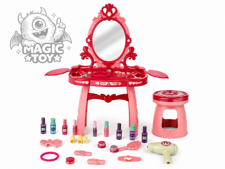 ست میز آرایشی اسباببازی پایهدار بزرگ با صندلی و سشوار مدل Dressing Table کد 2_1179 (آینه چراغدار و موزیکال پرنسسی به همراه ۲۵ قلم اکسسوری آرایشی)