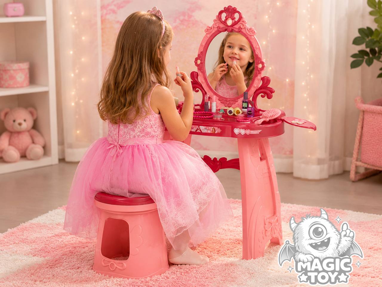 ست میز آرایشی اسباببازی پایهدار بزرگ با صندلی و سشوار مدل Dressing Table کد 2_1179 (آینه چراغدار و موزیکال پرنسسی به همراه ۲۵ قلم اکسسوری آرایشی)