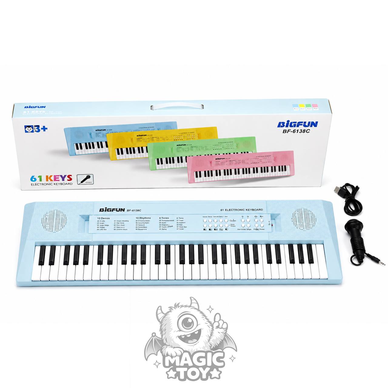 ارگ و کیبورد الکترونیکی ۶۱ کلید بیگ فان مدل BIGFUN BF-6138C (دارای میکروفون، ۱۰ ریتم، ۸ ساز، دمو و کابل شارژ USB)