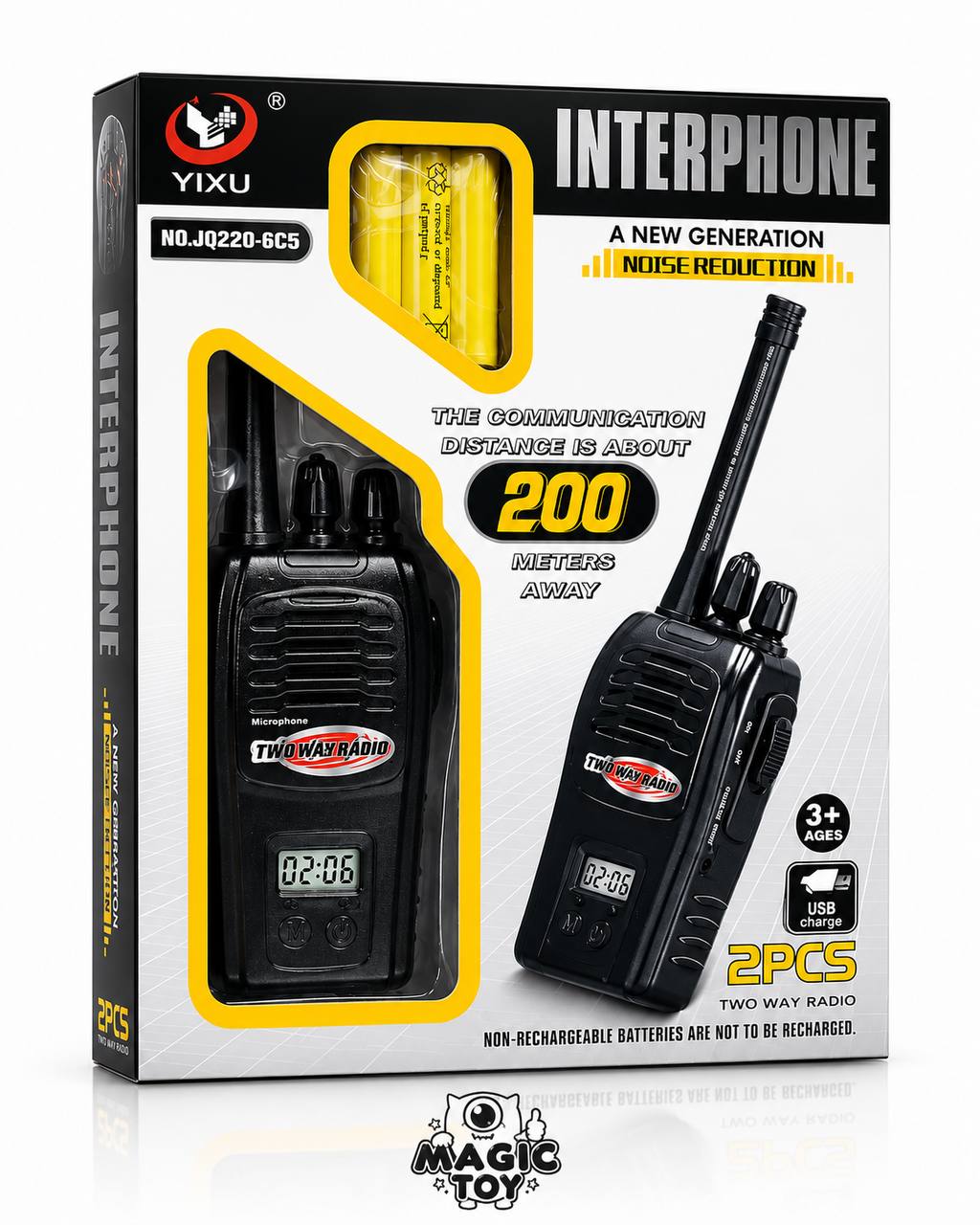 ست بیسیم واکی تاکی اسباببازی برد ۲۰۰ متر شارژی برند YIXU کد 6_220 (پک ۲ عددی Two Way Radio با قابلیت نویزگیر و نمایشگر دیجیتال)
