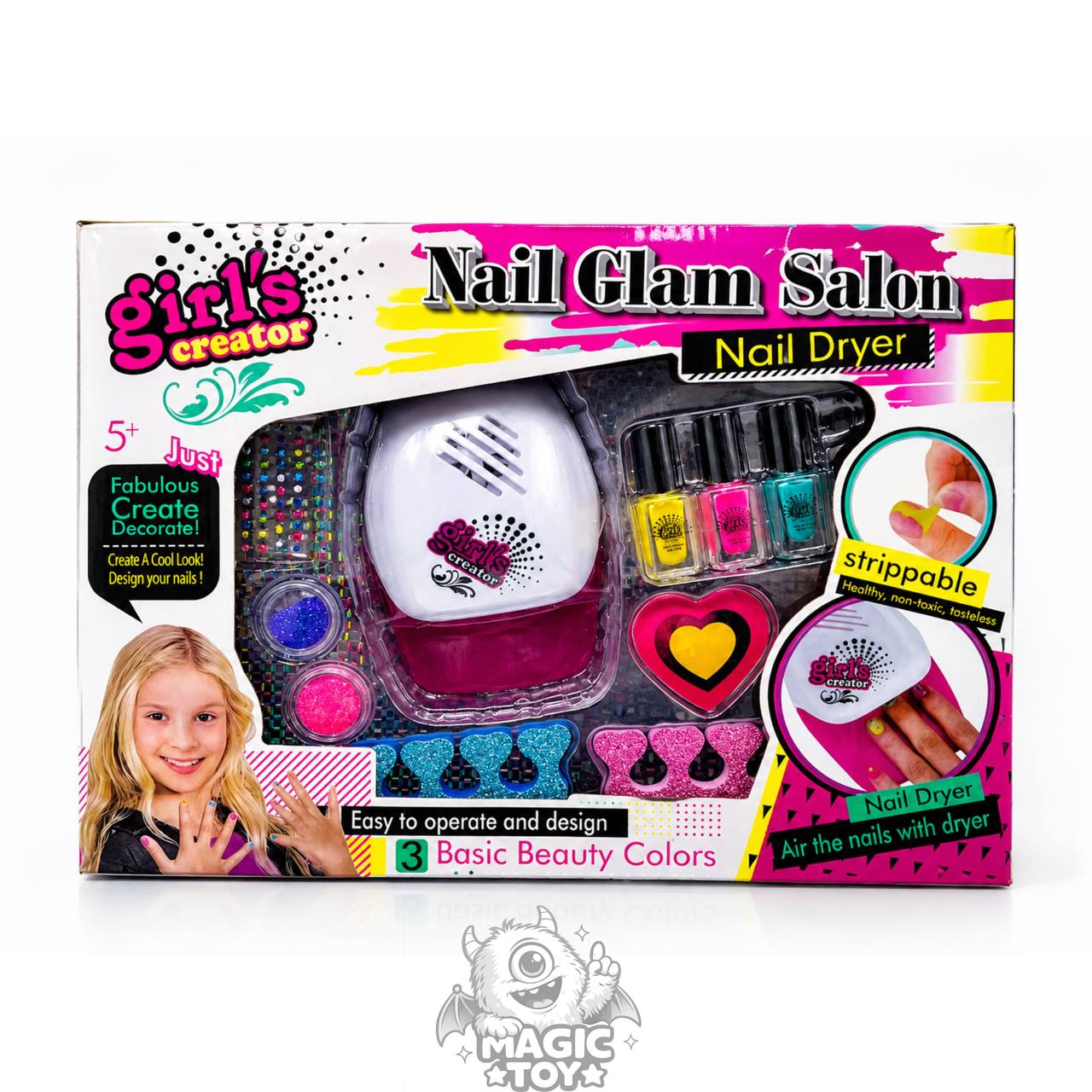 ست طراحی ناخن و مانیکور کودک به همراه دستگاه خشک‌کن مدل Nail Glam Salon کد 326 (لاک‌های برچسبی بدون بو، شابلون نگین‌دار، اکلیل و سوهان قلبی)