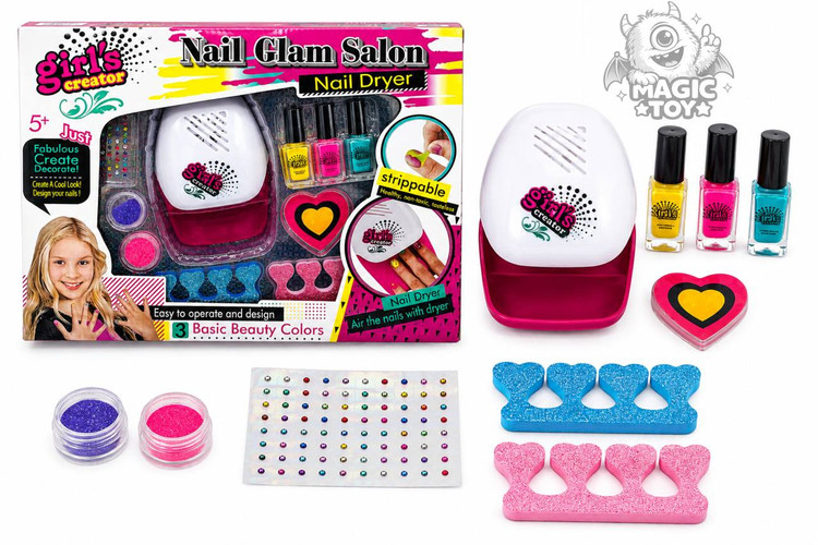 ست طراحی ناخن و مانیکور کودک به همراه دستگاه خشککن مدل Nail Glam Salon کد 326 (لاکهای برچسبی بدون بو، شابلون نگیندار، اکلیل و سوهان قلبی)
