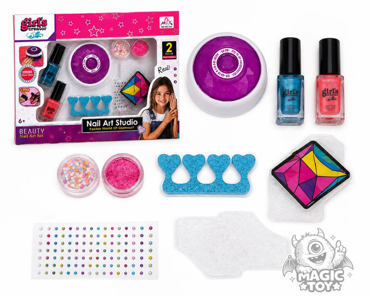 ست سالن دیزاین ناخن و مانیکور کودک مدل Nail Art Studio کد 528 (شامل دستگاه خشککن تاچ الماسی، ۲ رنگ لاک، پولک و ترافل شکری، نگینهای درخشان و پد جداکننده)