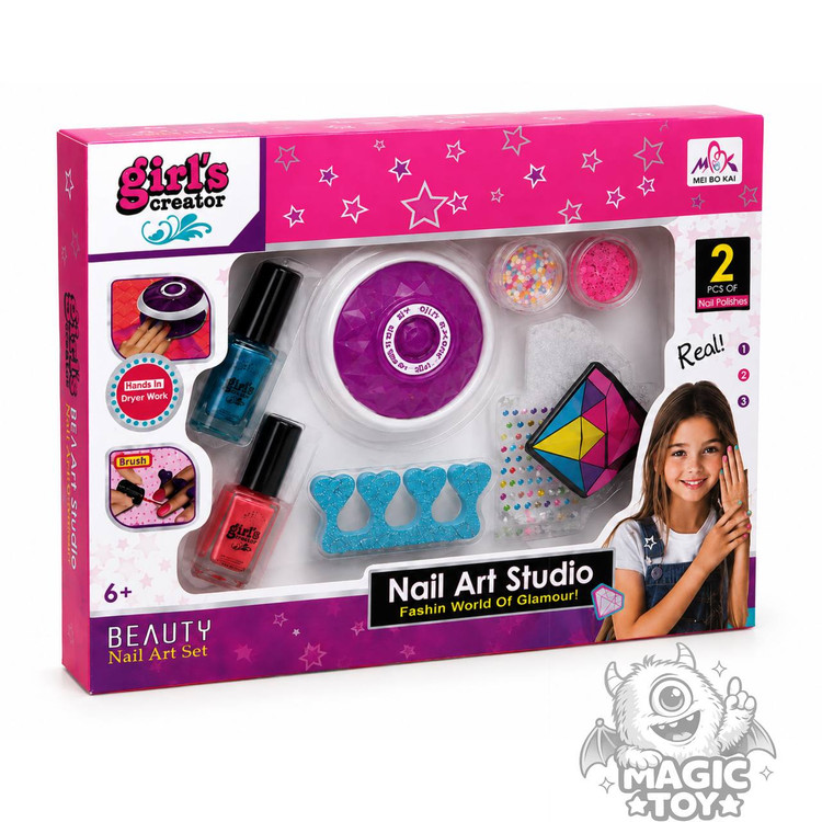 ست سالن دیزاین ناخن و مانیکور کودک مدل Nail Art Studio کد 528 (شامل دستگاه خشککن تاچ الماسی، ۲ رنگ لاک، پولک و ترافل شکری، نگینهای درخشان و پد جداکننده)