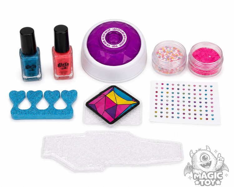 ست سالن دیزاین ناخن و مانیکور کودک مدل Nail Art Studio کد 528 (شامل دستگاه خشککن تاچ الماسی، ۲ رنگ لاک، پولک و ترافل شکری، نگینهای درخشان و پد جداکننده)