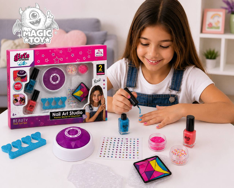 ست سالن دیزاین ناخن و مانیکور کودک مدل Nail Art Studio کد 528 (شامل دستگاه خشککن تاچ الماسی، ۲ رنگ لاک، پولک و ترافل شکری، نگینهای درخشان و پد جداکننده)