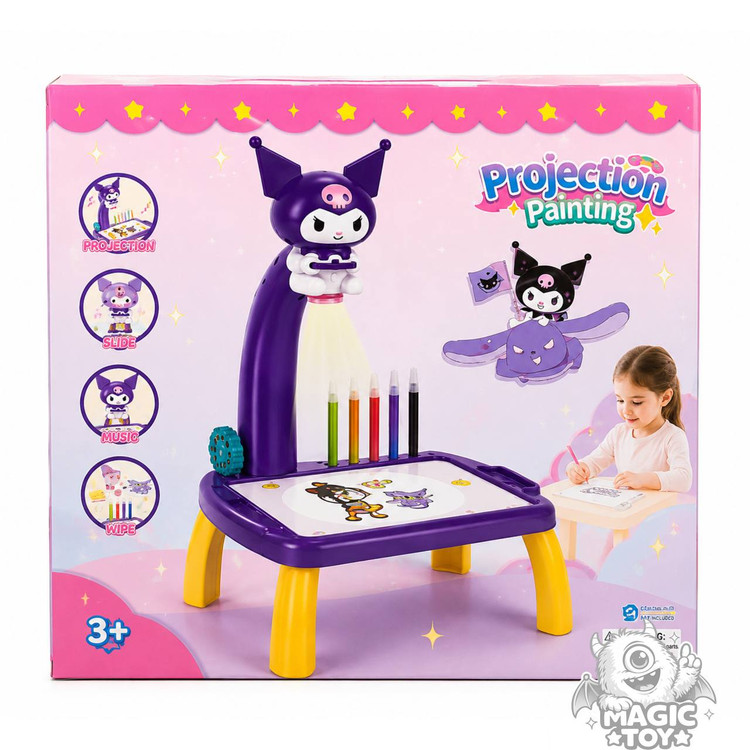 میز نقاشی پروژکتوری و موزیکال سایز بزرگ مدل Projection Painting (طرحهای کورومی Kuromi و استیچ Stitch همراه با اسلایدهای نوری، ماژیک رنگآمیزی، تختهپاککن و دفترچه)