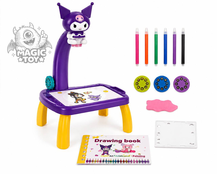 میز نقاشی پروژکتوری و موزیکال سایز بزرگ مدل Projection Painting (طرحهای کورومی Kuromi و استیچ Stitch همراه با اسلایدهای نوری، ماژیک رنگآمیزی، تختهپاککن و دفترچه)