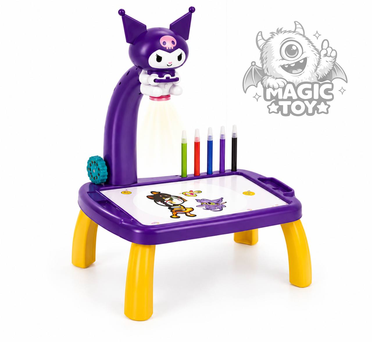 میز نقاشی پروژکتوری و موزیکال سایز بزرگ مدل Projection Painting (طرحهای کورومی Kuromi و استیچ Stitch همراه با اسلایدهای نوری، ماژیک رنگآمیزی، تختهپاککن و دفترچه)