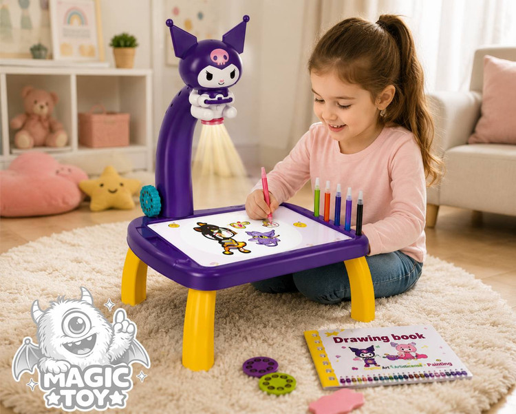 میز نقاشی پروژکتوری و موزیکال سایز بزرگ مدل Projection Painting (طرحهای کورومی Kuromi و استیچ Stitch همراه با اسلایدهای نوری، ماژیک رنگآمیزی، تختهپاککن و دفترچه)