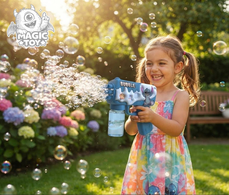 تفنگ حبابساز اتوماتیک مخزندار طرح استیچ و انجل مدل BUBBLE کد 2_673 (خروجی چندکاناله پرتاب حباب با مخزن پیچی ضدریزش و باتری خور)