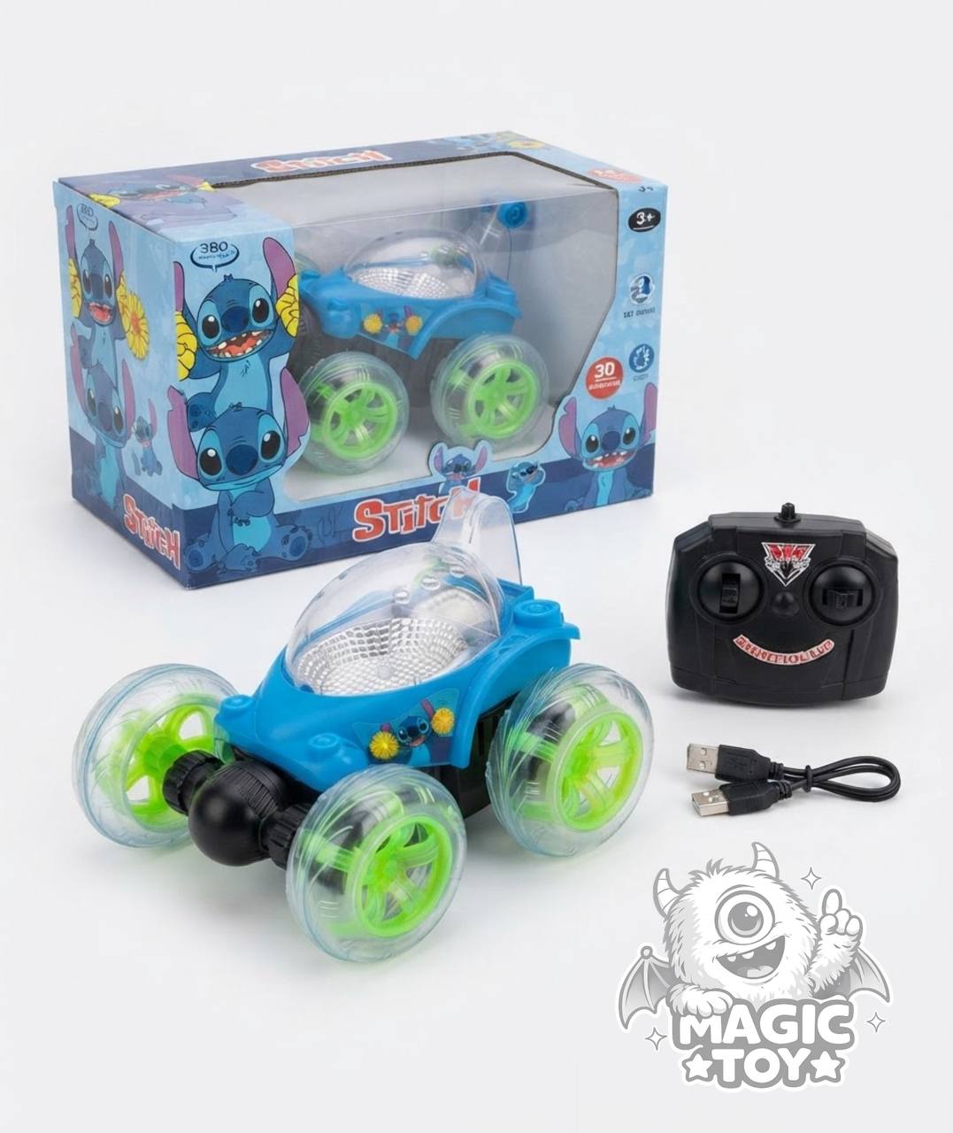ماشین کنترلی دیوانه ملق‌زن طرح استیچ مدل 3D Rolling Car کد 9802 (چرخش ۳۶۰ درجه، چرخ‌های ژله‌ای چراغ‌دار LED، باتری شارژی و کابل USB)