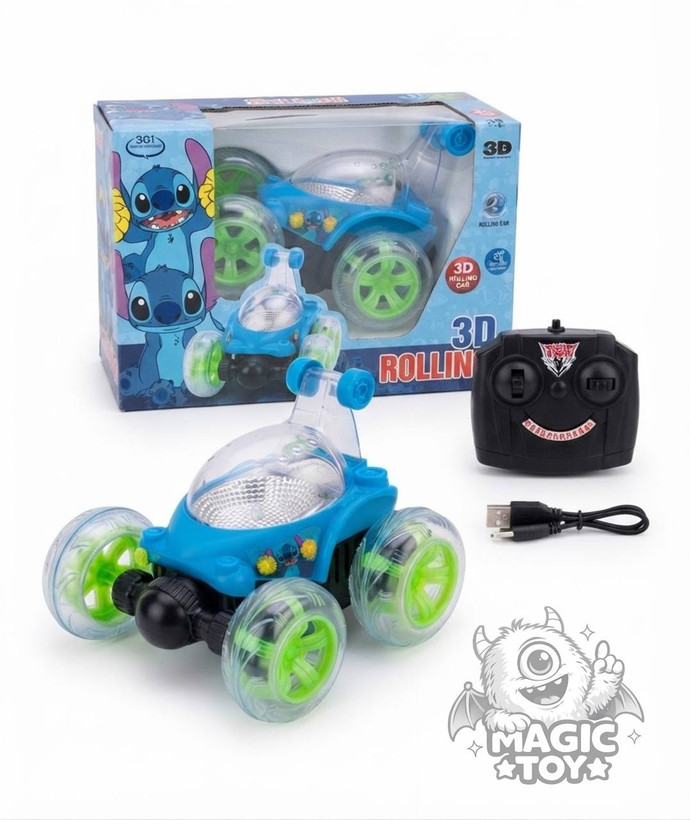 ماشین کنترلی دیوانه ملقزن طرح استیچ مدل 3D Rolling Car کد 9802 (چرخش ۳۶۰ درجه، چرخهای ژلهای چراغدار LED، باتری شارژی و کابل USB)