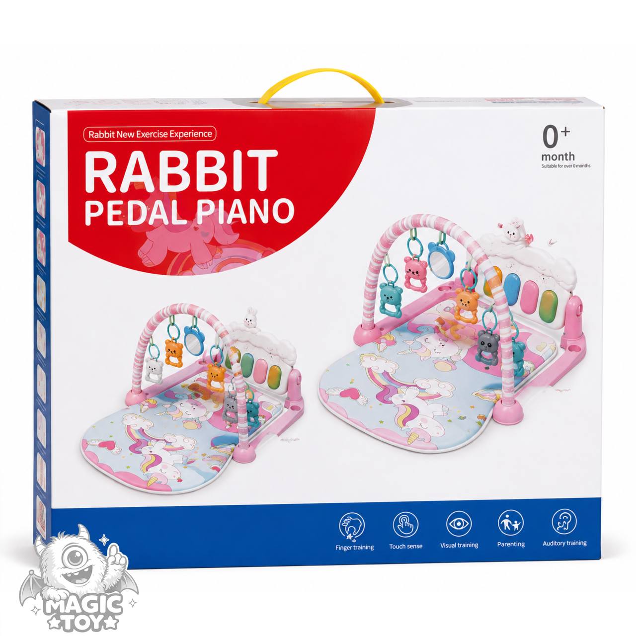 تشک بازی پیانودار و موزیکال نوزاد مدل RABBIT PEDAL PIANO کد 15_1122 (پلی‌جیم نوزادی با پیانو پدالی طرح ابر و خرگوش، ۴ عدد جغجغه و آینه نشکن ایمن)