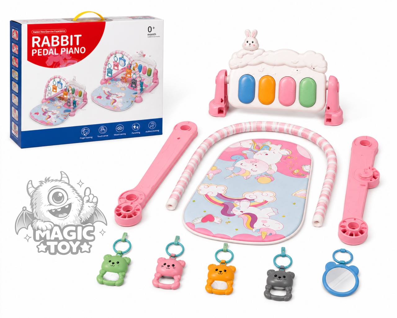 تشک بازی پیانودار و موزیکال نوزاد مدل RABBIT PEDAL PIANO کد 15_1122 (پلیجیم نوزادی با پیانو پدالی طرح ابر و خرگوش، ۴ عدد جغجغه و آینه نشکن ایمن)