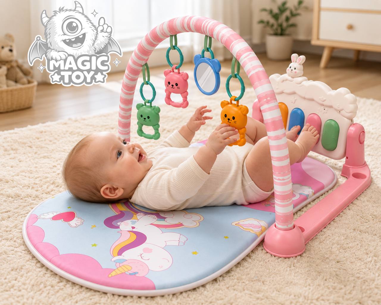 تشک بازی پیانودار و موزیکال نوزاد مدل RABBIT PEDAL PIANO کد 15_1122 (پلیجیم نوزادی با پیانو پدالی طرح ابر و خرگوش، ۴ عدد جغجغه و آینه نشکن ایمن)