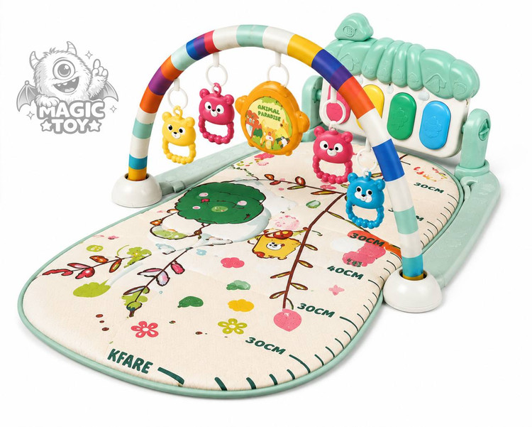 تشک بازی پیانودار و موزیکال نوزاد طرح حیوانات جنگل مدل Baby Fitness Piano کد 64_1688 (پلیجیم نوزادی ۴ حالته با پیانو پدالی طرح کرم شبتاب، ۵ آویز جغجغهای و خطکش اندازهگیری قد)