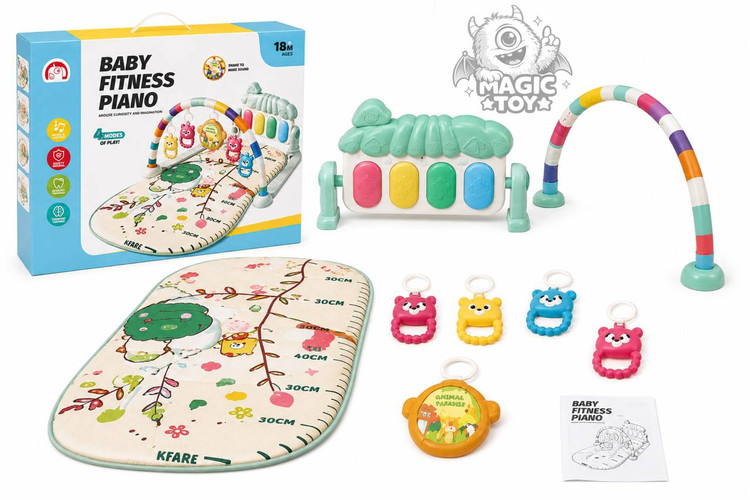 تشک بازی پیانودار و موزیکال نوزاد طرح حیوانات جنگل مدل Baby Fitness Piano کد 64_1688 (پلیجیم نوزادی ۴ حالته با پیانو پدالی طرح کرم شبتاب، ۵ آویز جغجغهای و خطکش اندازهگیری قد)