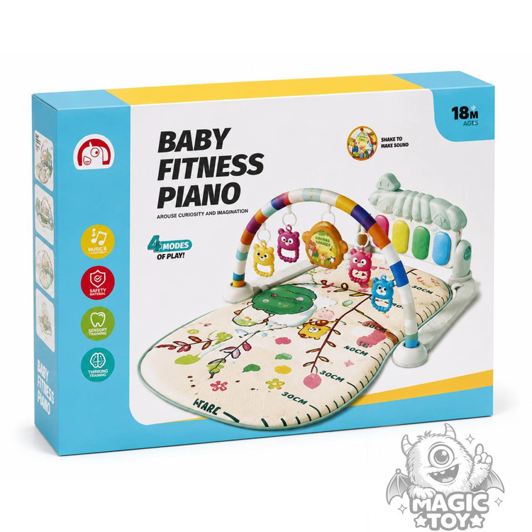 تشک بازی پیانودار و موزیکال نوزاد طرح حیوانات جنگل مدل Baby Fitness Piano کد 64_1688 (پلیجیم نوزادی ۴ حالته با پیانو پدالی طرح کرم شبتاب، ۵ آویز جغجغهای و خطکش اندازهگیری قد)