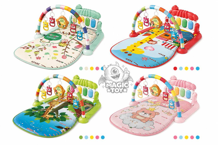 تشک بازی پیانودار و موزیکال نوزاد طرح حیوانات جنگل مدل Baby Fitness Piano کد 64_1688 (پلیجیم نوزادی ۴ حالته با پیانو پدالی طرح کرم شبتاب، ۵ آویز جغجغهای و خطکش اندازهگیری قد)
