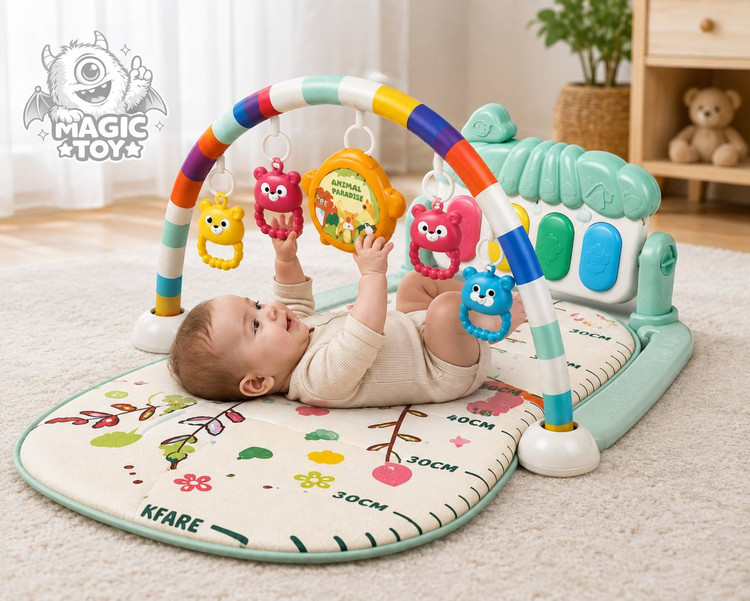 تشک بازی پیانودار و موزیکال نوزاد طرح حیوانات جنگل مدل Baby Fitness Piano کد 64_1688 (پلیجیم نوزادی ۴ حالته با پیانو پدالی طرح کرم شبتاب، ۵ آویز جغجغهای و خطکش اندازهگیری قد)