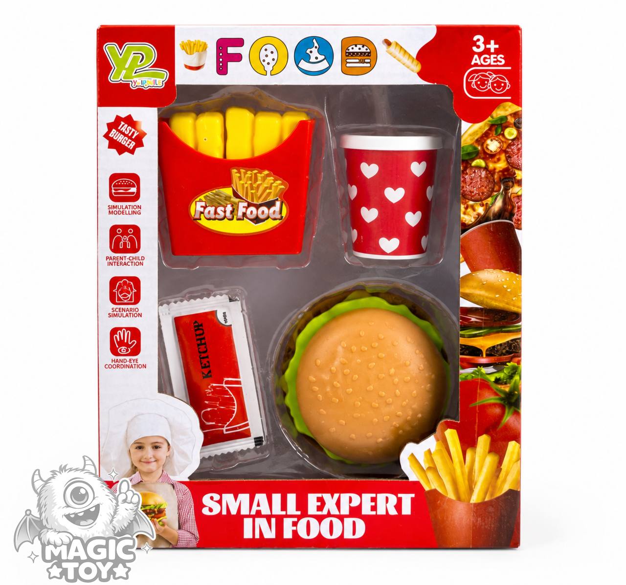 ست اسباب‌بازی فست‌فود و همبرگر جعبه‌ای مدل Small Expert in Food کد 9955 (شامل ساندویچ همبرگر لایه‌ای، فرنچ فرایز، لیوان نوشابه نی‌دار و سس کچاپ)
