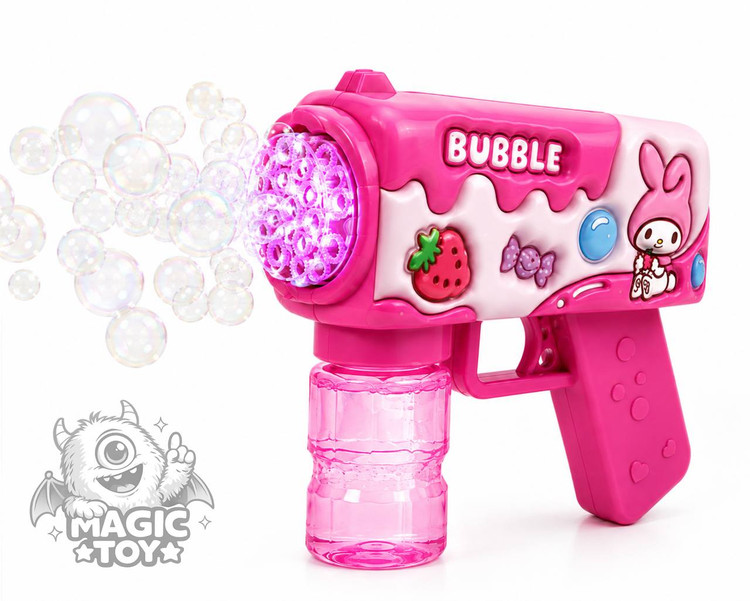 تفنگ حبابساز اتوماتیک چراغدار و موزیکال طرح مای ملودی مدل BUBBLE GUN کد 8_673 (دارای مخزن مایع پیچی ضدچکه، نورپردازی LED دهانه و تولید انبوه حباب)