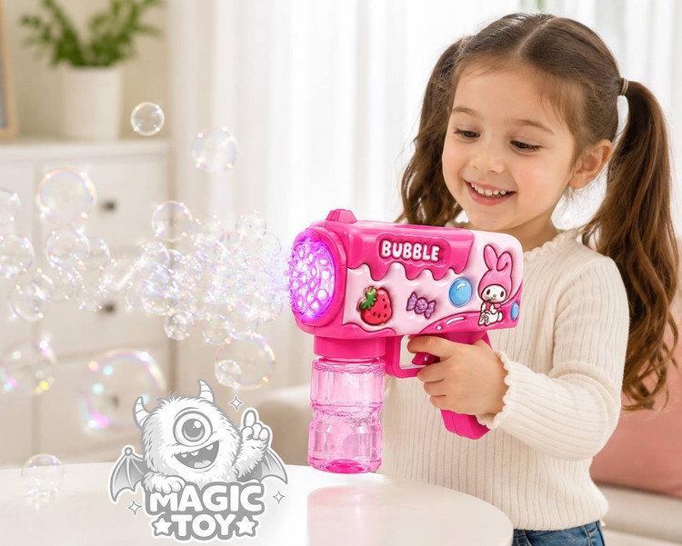 تفنگ حبابساز اتوماتیک چراغدار و موزیکال طرح مای ملودی مدل BUBBLE GUN کد 8_673 (دارای مخزن مایع پیچی ضدچکه، نورپردازی LED دهانه و تولید انبوه حباب)