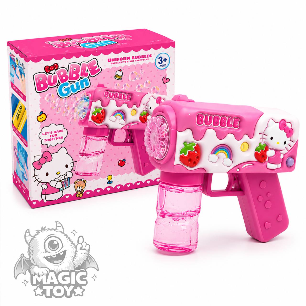 تفنگ حباب‌ساز اتوماتیک چراغ‌دار طرح هلو کیتی مدل BUBBLE GUN کد 5_673 (دارای مخزن مایع پیچی ضدریزش، بطری یدک، نعلبکی مایع و خروجی متراکم حباب)