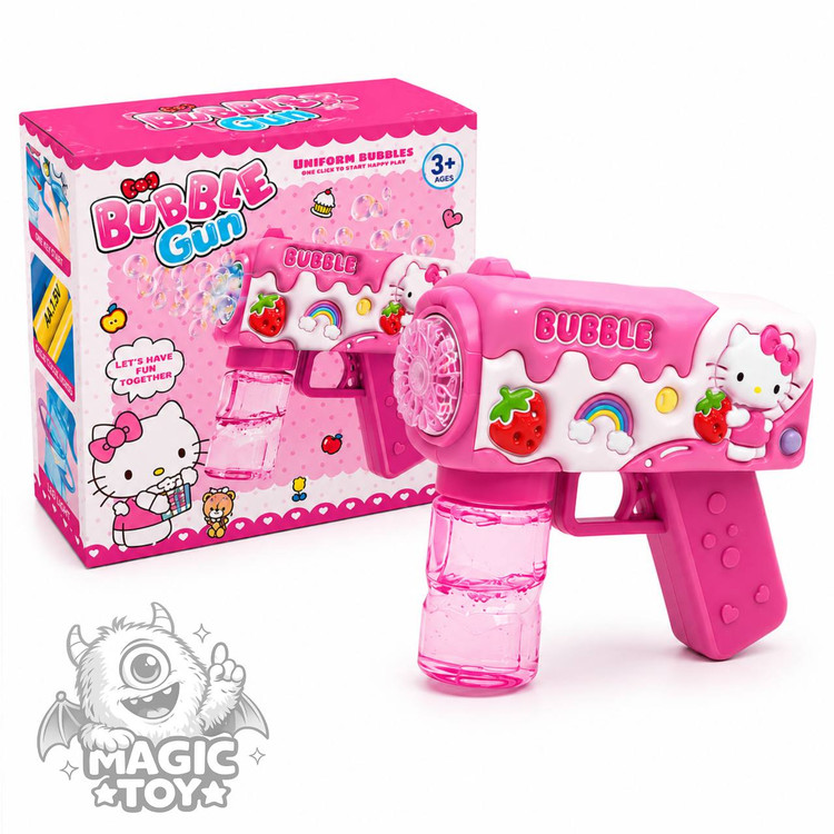 تفنگ حبابساز اتوماتیک چراغدار طرح هلو کیتی مدل BUBBLE GUN کد 5_673 (دارای مخزن مایع پیچی ضدریزش، بطری یدک، نعلبکی مایع و خروجی متراکم حباب)