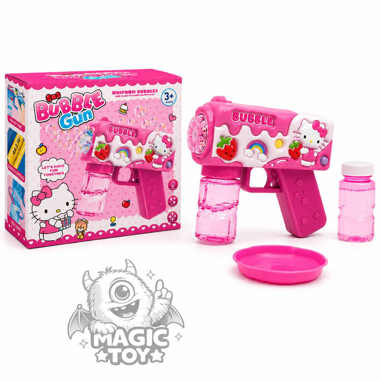 تفنگ حبابساز اتوماتیک چراغدار طرح هلو کیتی مدل BUBBLE GUN کد 5_673 (دارای مخزن مایع پیچی ضدریزش، بطری یدک، نعلبکی مایع و خروجی متراکم حباب)