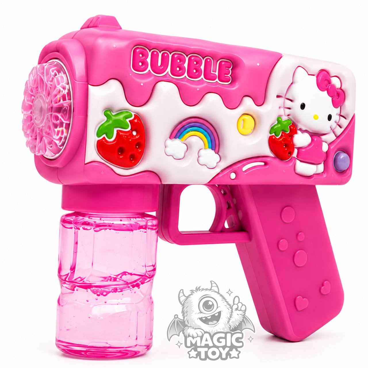 تفنگ حبابساز اتوماتیک چراغدار طرح هلو کیتی مدل BUBBLE GUN کد 5_673 (دارای مخزن مایع پیچی ضدریزش، بطری یدک، نعلبکی مایع و خروجی متراکم حباب)