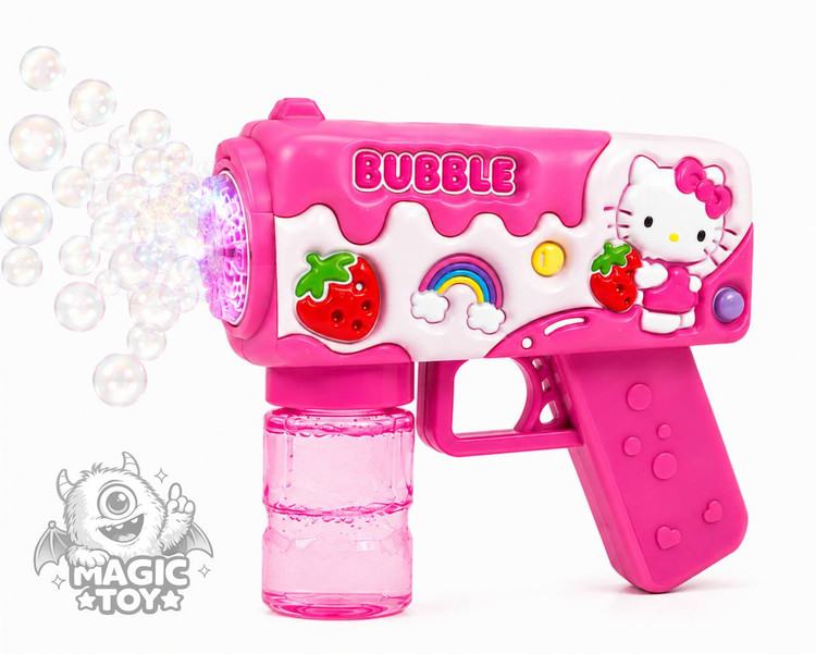 تفنگ حبابساز اتوماتیک چراغدار طرح هلو کیتی مدل BUBBLE GUN کد 5_673 (دارای مخزن مایع پیچی ضدریزش، بطری یدک، نعلبکی مایع و خروجی متراکم حباب)