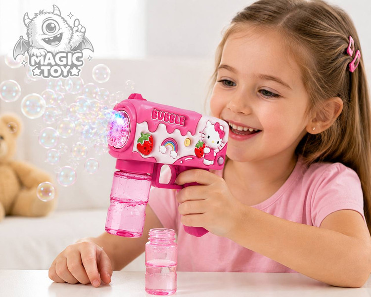 تفنگ حبابساز اتوماتیک چراغدار طرح هلو کیتی مدل BUBBLE GUN کد 5_673 (دارای مخزن مایع پیچی ضدریزش، بطری یدک، نعلبکی مایع و خروجی متراکم حباب)