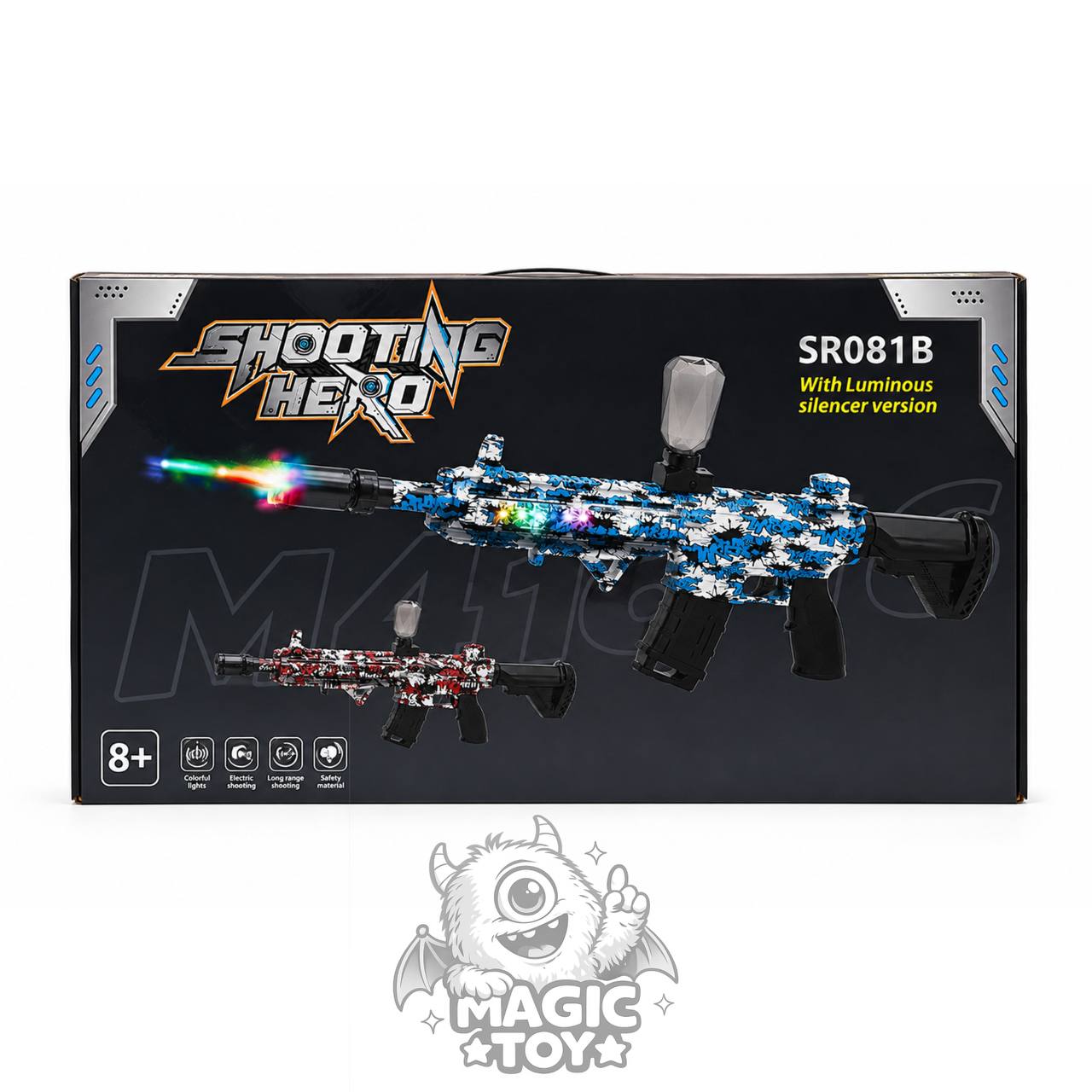 تفنگ تیر ژله‌ای تمام‌اتوماتیک و شارژی M416 مدل SHOOTING HERO کد SR081B / 082 (پوسته گرافیتی چریکی، صداخفه‌کن نورانی شب‌تاب، افکت بخار/دودزا و نورپردازی RGB)