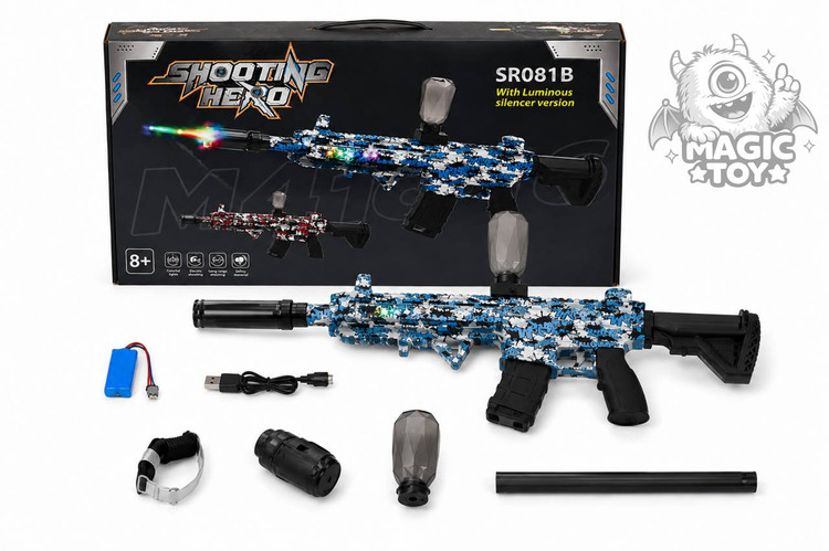 تفنگ تیر ژلهای تماماتوماتیک و شارژی M416 مدل SHOOTING HERO کد SR081B / 082 (پوسته گرافیتی چریکی، صداخفهکن نورانی شبتاب، افکت بخار/دودزا و نورپردازی RGB)