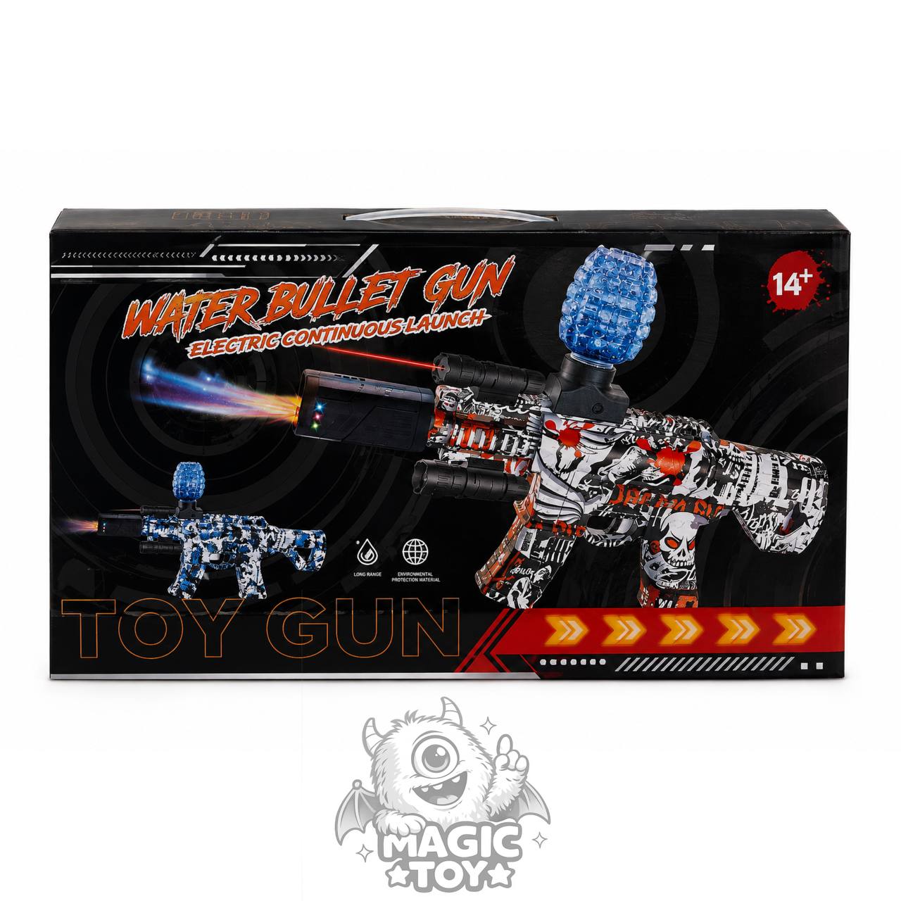 تفنگ تیر ژله‌ای تمام‌اتوماتیک و شارژی WATER BULLET GUN کد 14_14 (پوسته گرافیتی اسکلتی، نورپردازی RGB لوله، لیزر نشانه‌گیری، مخزن نارنجکی و باتری لیتیومی)