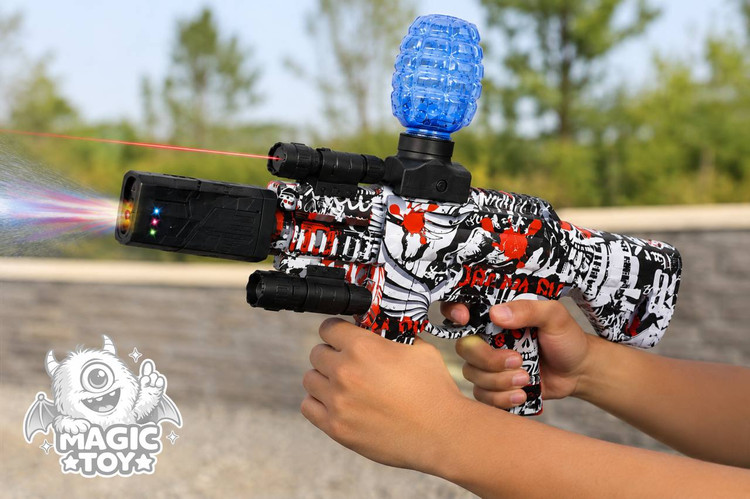 تفنگ تیر ژلهای تماماتوماتیک و شارژی WATER BULLET GUN کد 14_14 (پوسته گرافیتی اسکلتی، نورپردازی RGB لوله، لیزر نشانهگیری، مخزن نارنجکی و باتری لیتیومی)