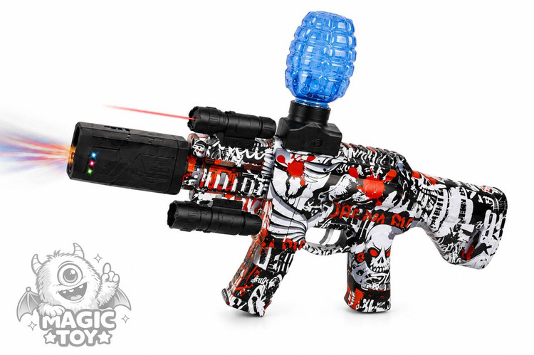 تفنگ تیر ژلهای تماماتوماتیک و شارژی WATER BULLET GUN کد 14_14 (پوسته گرافیتی اسکلتی، نورپردازی RGB لوله، لیزر نشانهگیری، مخزن نارنجکی و باتری لیتیومی)