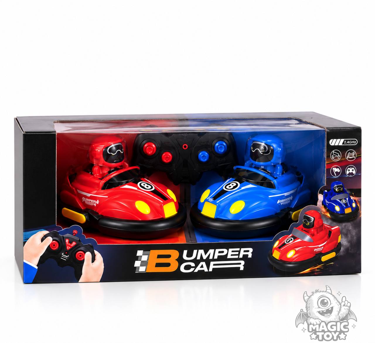 ست ماشین کنترلی تصادفی دو ریموت BUMPER CAR کد 1215 برند XBAOTEC (مجموعه ۲ عددی مسابقه‌ای، فرکانس 2.4GHz، افکت نوری، قابلیت پرتاب راننده با ضربه)